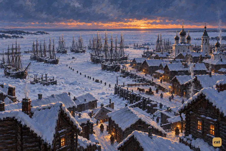 Archangel at frozen dusk from above: snowy timber roofs and masts locked in harbour ice