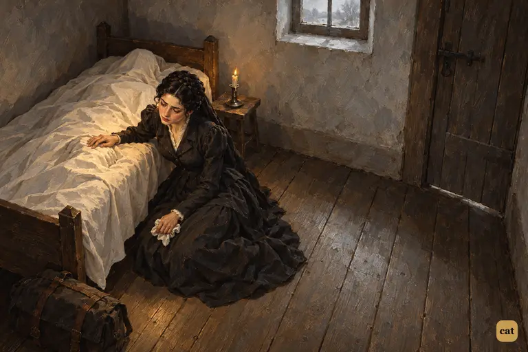After her attendant dies in a strange German town, Safie sits on the floor beside the covered body.