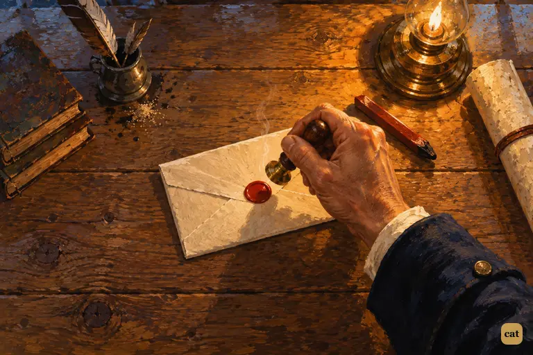From above, a hand holds a brass seal over scarlet wax on the letter to Margaret
