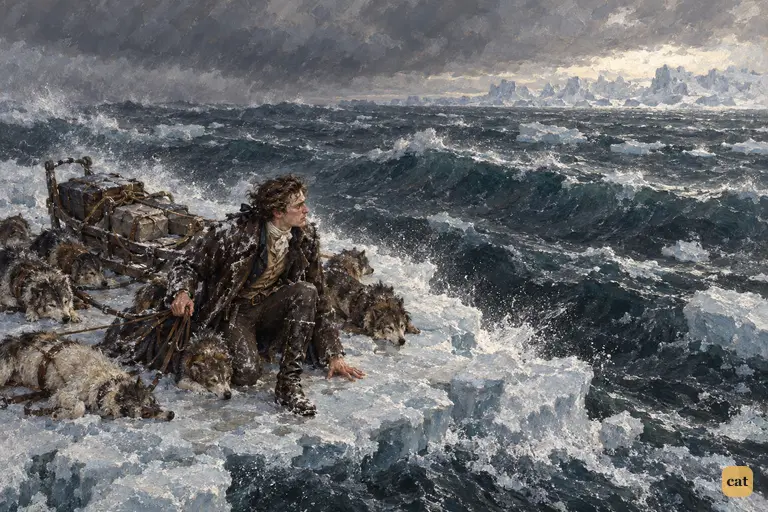 Victor Frankenstein kneels with his worn-out dogs on a small, crumbling ice floe