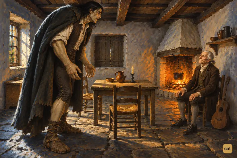 The giant stoops under low beams and asks the blind old man for a place by the fire