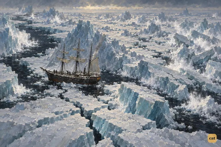 The frozen sea starts to move, and ice islands split with a roar around the trapped ship