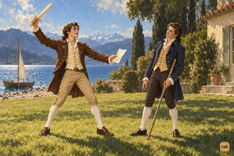 On the lawn at Belrive, young Henry Clerval raises a wooden sword to challenge Victor