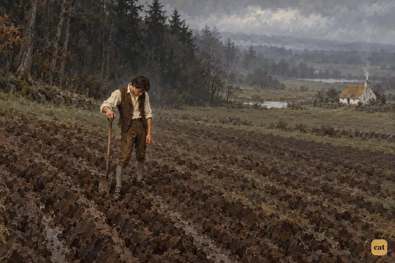 Felix stands alone at the edge of a grey field, spade idle, head bowed