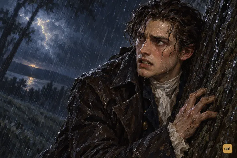 Sure his creature killed William, Victor sags against a rain-soaked tree at Plainpalais