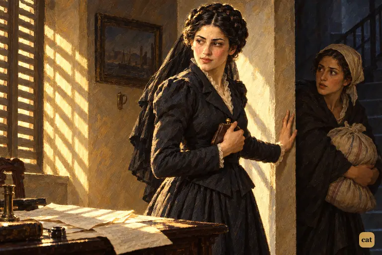Safie, clutching a purse of jewels, takes a last look back at her father's papers