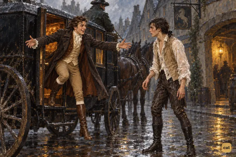 Outside the Ingolstadt inn, Henry Clerval leaps from the diligence with arms flung wide