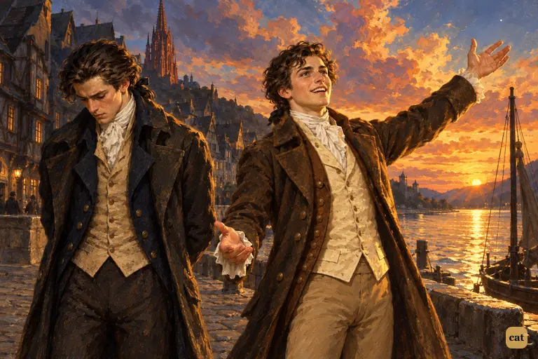 At sunset on the Strasburgh quay, Clerval throws his arm out toward the blazing sky over the Rhine.