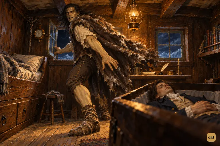 A giant man springs from the coffin toward the open stern window at midnight.