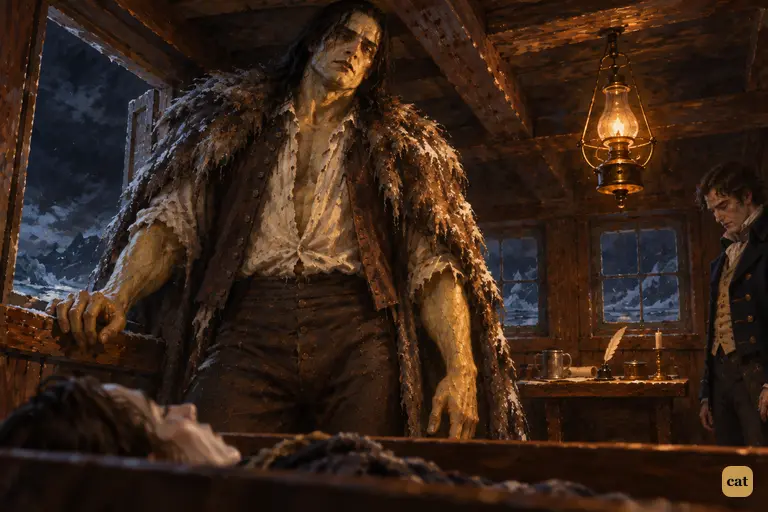 By the stern window, the creature looks down one last time at his dead creator