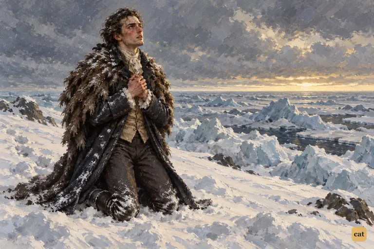 Worn thin and frosted, Victor Frankenstein kneels on a snowy rise above the frozen ocean