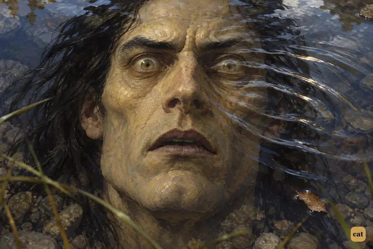 The Creature sees his own face in a pool for the first time, disbelief turning to horror