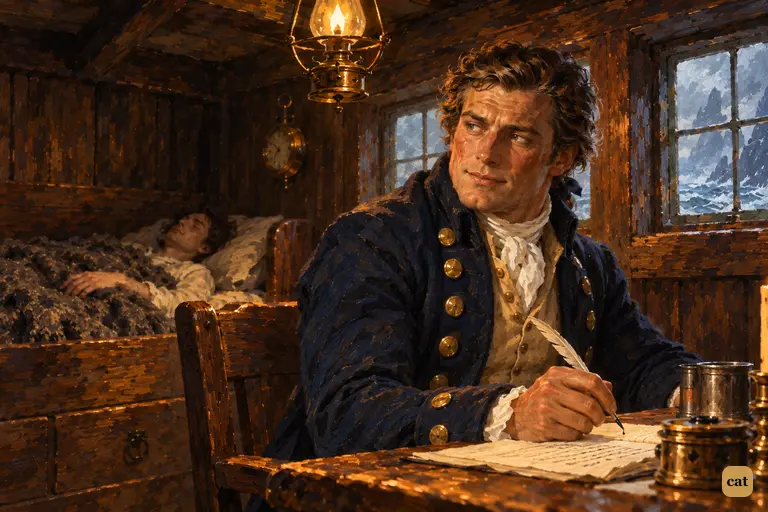 Walton stops mid-letter in the lamplit cabin and looks back at the stranger asleep in his bunk.