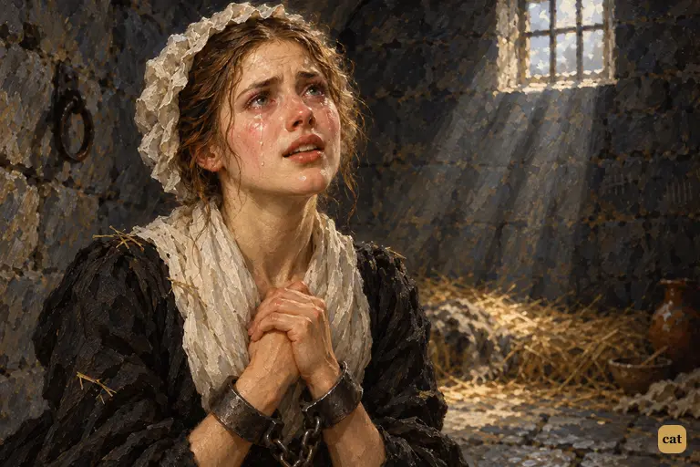 Justine kneels on the stone floor of the cell with her manacled hands pressed to her heart.