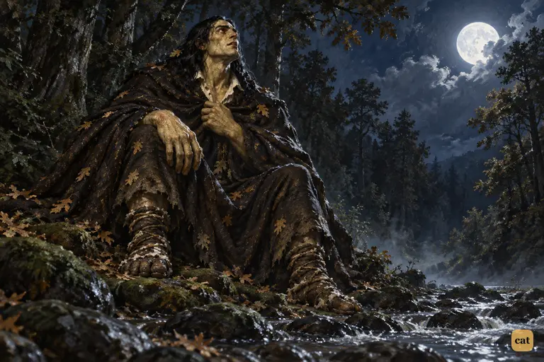 The newborn Creature sits alone by a brook in the night forest, wrapped in a found cloak