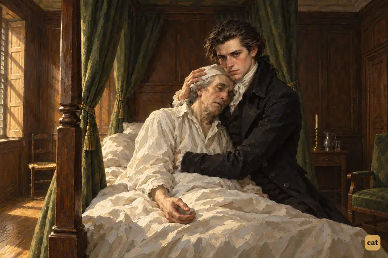 In his dim Geneva bedchamber, Alphonse Frankenstein dies in his son's arms.