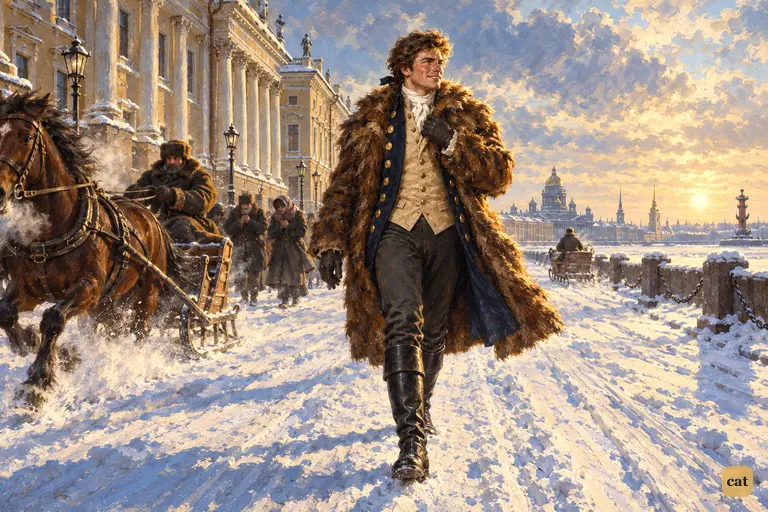 Walton strides down a snowy St. Petersburgh street, facing the cold northern breeze