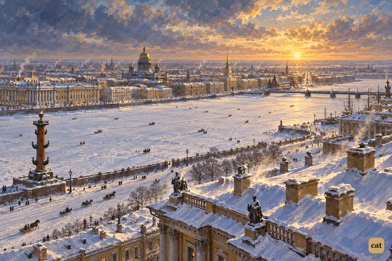 Petersburgh under December snow, its frozen river and pale palaces beneath a dusk sky
