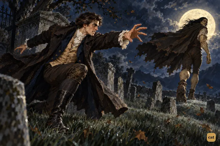 Victor springs up from his family's tomb and grabs at empty air.