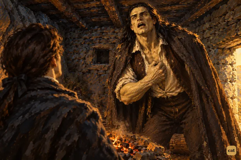 The creature rises beneath the low roof of the herdsman's hut.