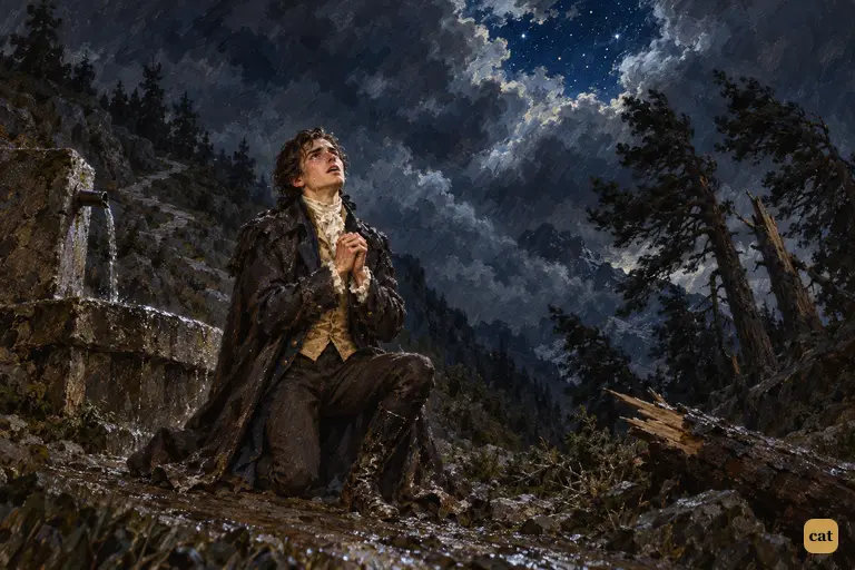Alone at the fountain on his night descent from the Mer de Glace, Victor kneels and weeps.