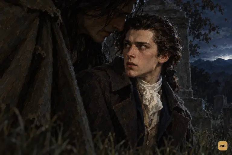 The creature leans down behind kneeling Victor in the dark cemetery and whispers
