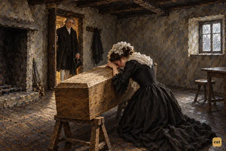 Caroline Beaufort kneels weeping over her father's closed coffin in the bare Lucerne chamber.