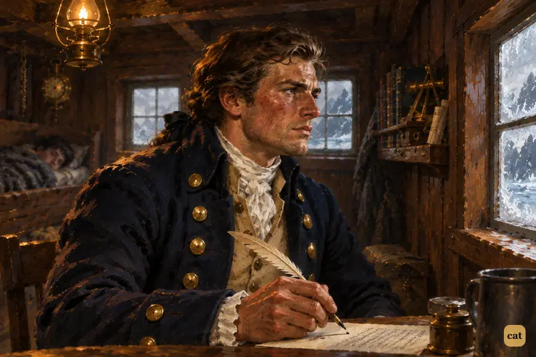 Alone in the frozen cabin, Walton pauses mid-confession, his quill still above the page