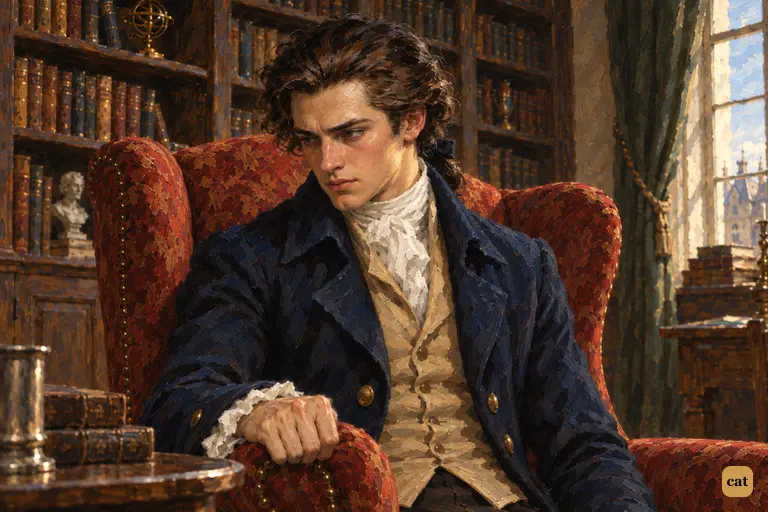 In Professor Waldman's parlour, Victor sits rigid in the red wing armchair and grips the armrest.