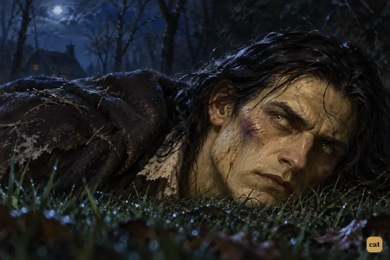 Worn out after a night of rage, the Creature lies on damp grass under cold stars