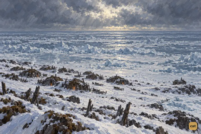 A poor hamlet huddles on a snowy shore beside the rugged frozen ocean