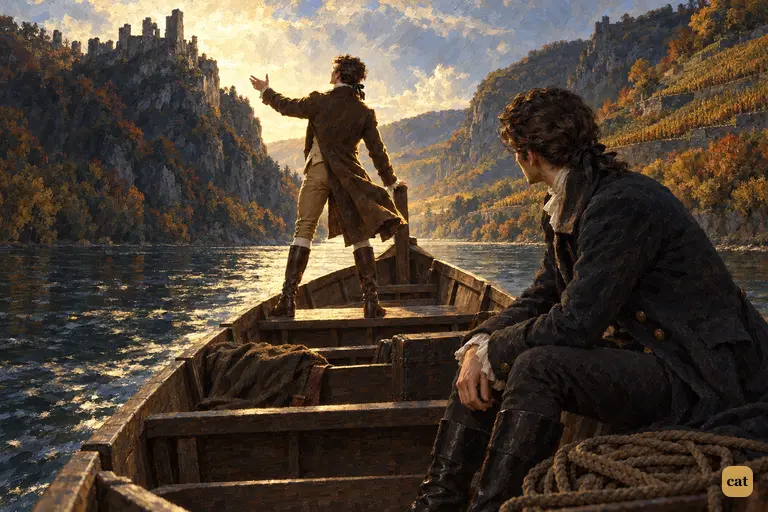 Clerval stands in blazing light at the bow as Victor watches him from the shadowed stern