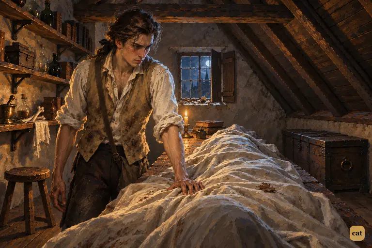 Worn out by fever, Victor stands at the long table, hand pressed on his sheeted creation