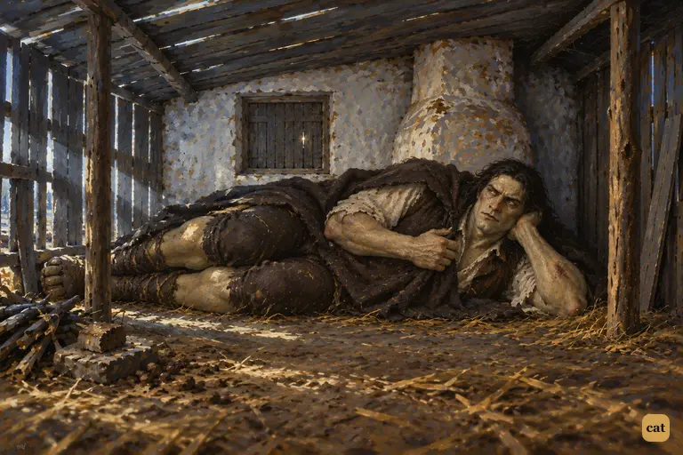 Bruised by the villagers' stones, the giant lies curled in a lean-to too low to stand in