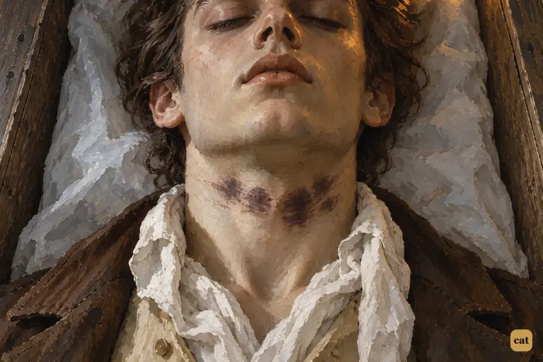 In the open elm coffin, Henry Clerval's bare throat carries black finger marks
