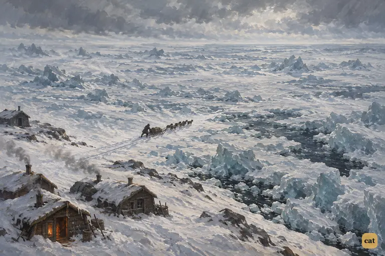 A small loaded dog-sledge leaves the last hamlet for the endless Frozen Ocean