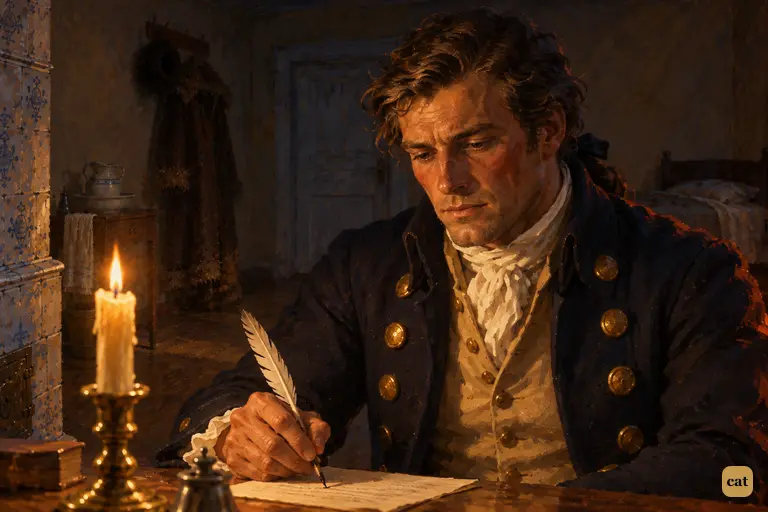 Walton pauses over his letter to his sister, pen pressed to the page.