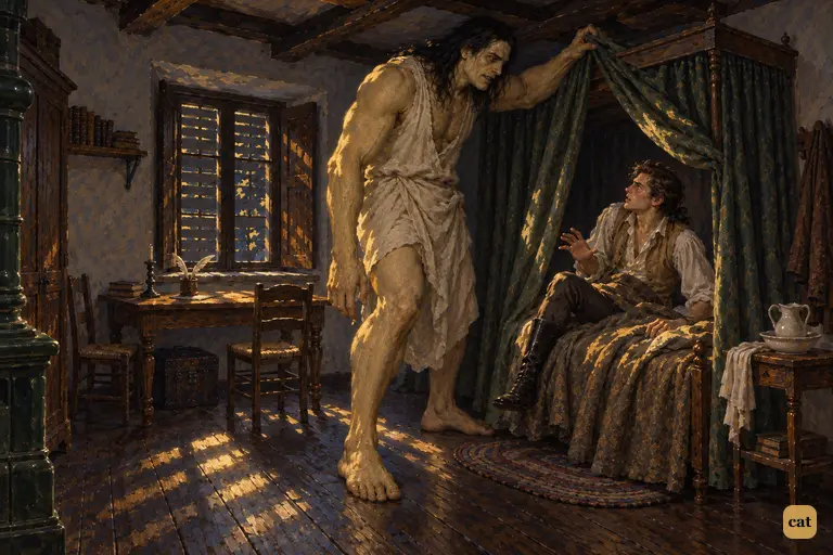 Victor wakes to find the creature standing over his bed, holding the curtain aside