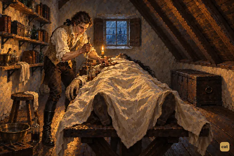 One in the morning in the attic workroom.