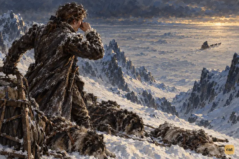 From an ice mountain, the exhausted pursuer spots a dark sledge far off and cries out