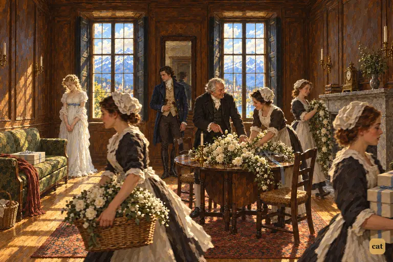 On the wedding morning, the overjoyed father directs servants with flowers and boxes