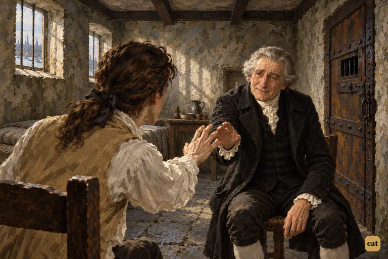 Victor, thin and weak in his prison chair, reaches out to his father, who has just arrived.