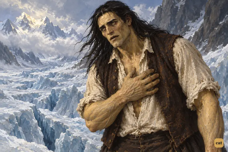 On the sea of ice, the creature presses a hand to his heart and pleads with his maker