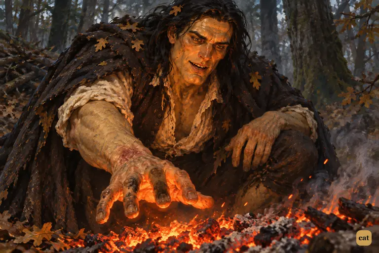 Alone in the forest, the Creature reaches for the beggars' abandoned fire with childlike joy.