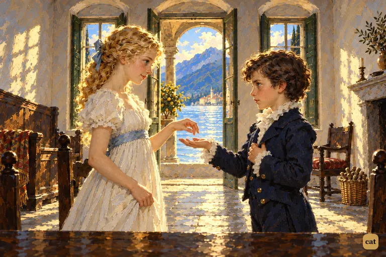 Five-year-old Victor gravely holds out his open hand to golden-haired Elizabeth