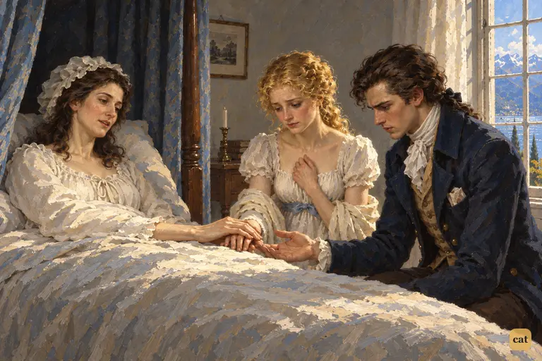 On her deathbed, Caroline Beaufort joins Elizabeth's hand to Victor's and blesses them