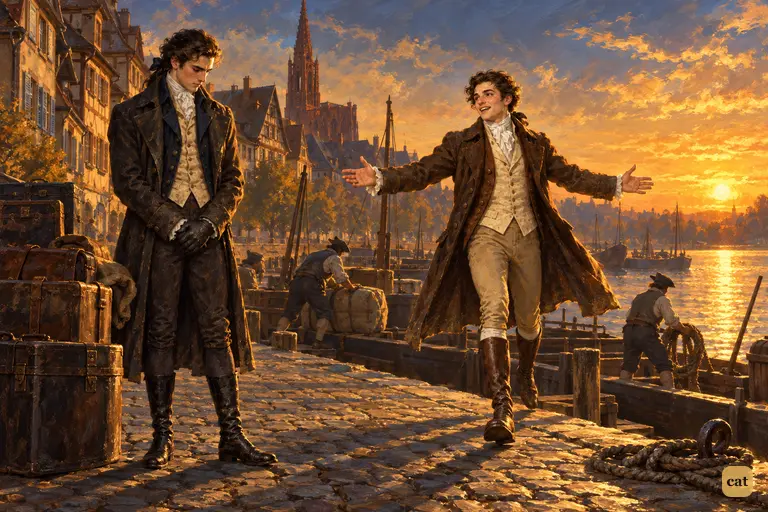 Clerval arrives at Strasburgh with his arms flung wide and full of life on the golden Rhine quay.