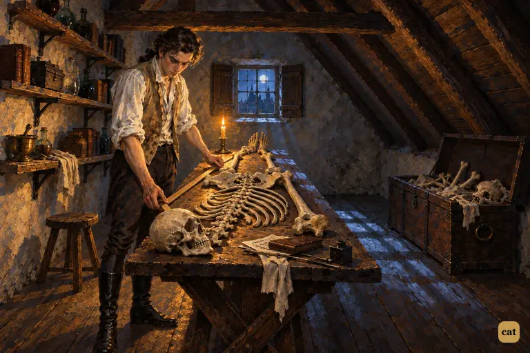 In his attic cell, Victor lays a measuring rod along bones far taller than any man