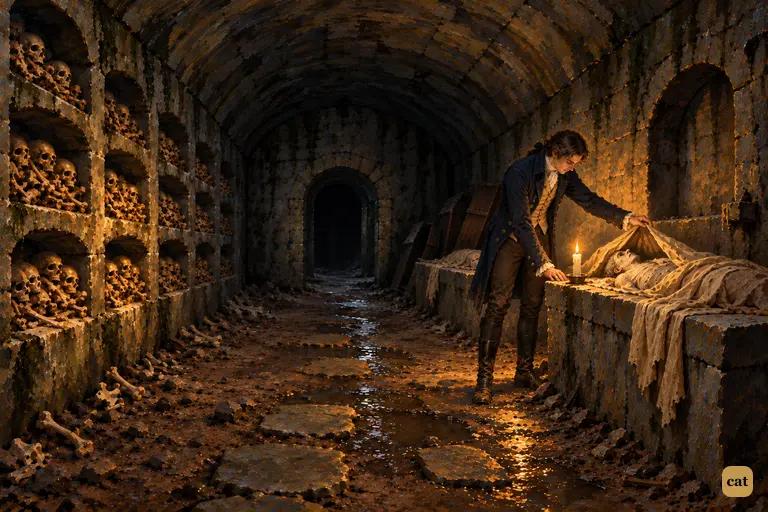 Victor stands alone in a low stone charnel vault under an Ingolstadt churchyard.