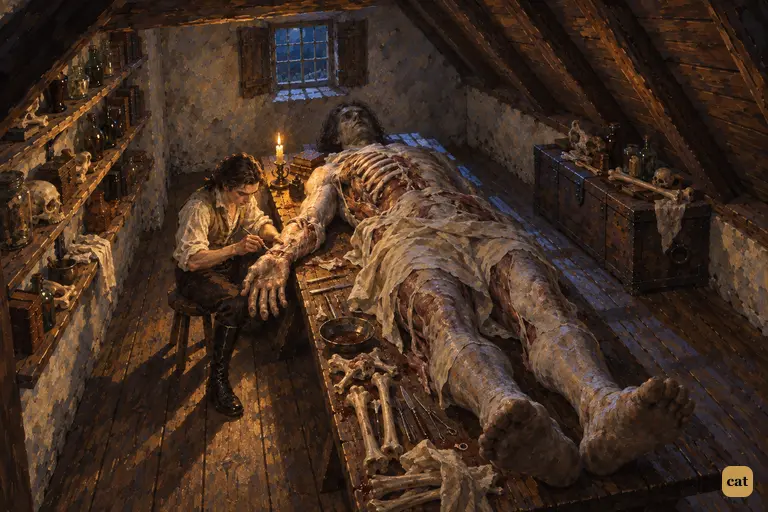 In his moonlit garret, a wasted Victor works a blade into the giant body's wrist